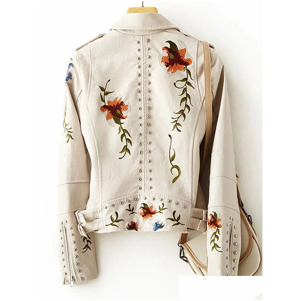 new women retro floral print embroidery faux soft leather jacket coat turndown collar pu moto biker black punk outerwear