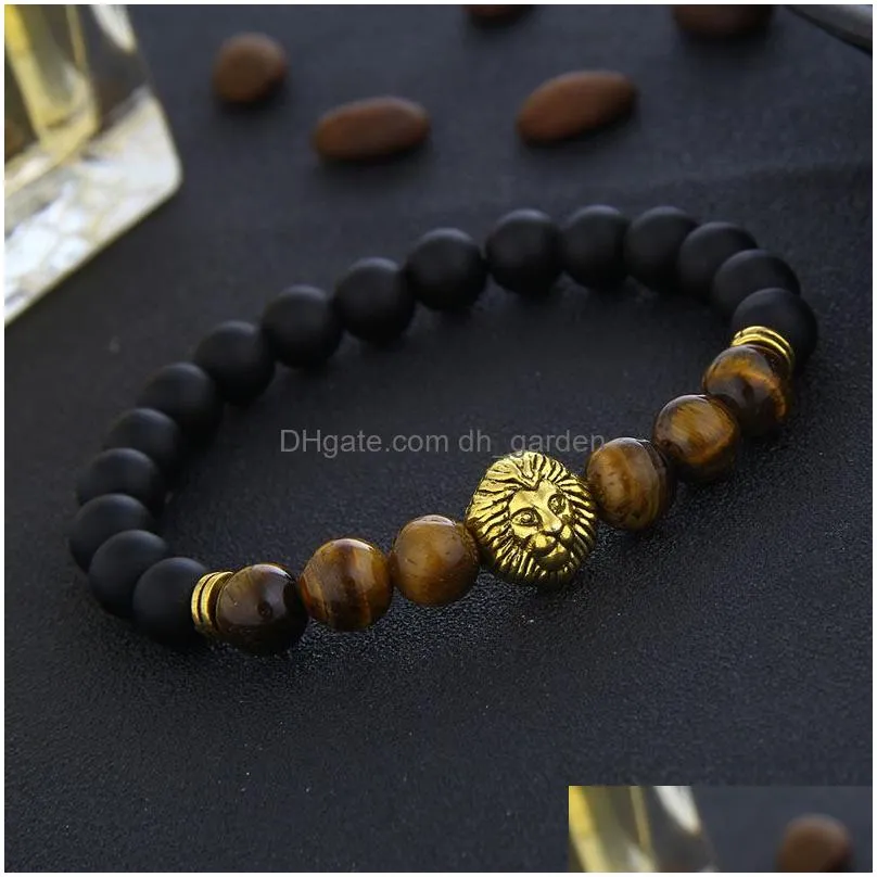 wholesale fashion tigereye 8mm bead bracelets with vintage  head charm black matte beads bracelets for men free