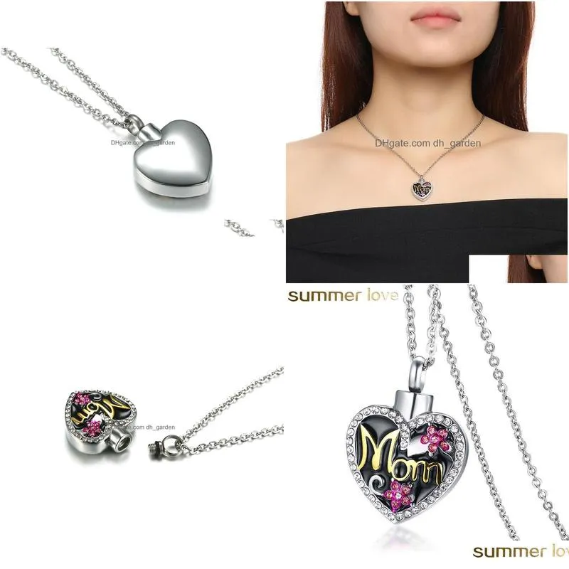 retro cute crystal flower mom heart necklace stainless steel memorial cremation urn necklace pendant bone ash jewelry for women