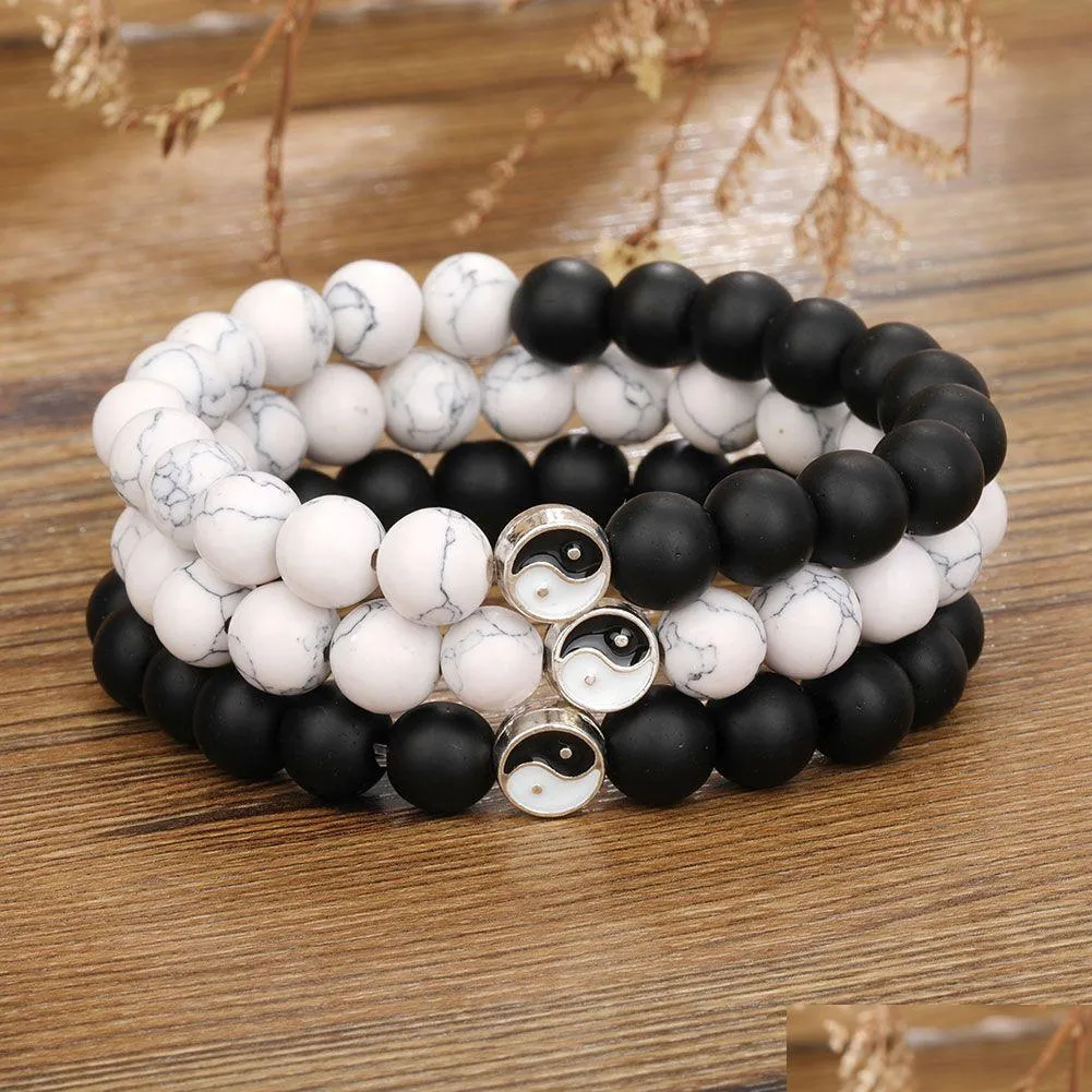 8mm Fashion Men Women Taiji Yin Yang Feng Shui Beaded Strands Bracelet Natural White Turquoise and Black Bead Couple Friendship Distance Bracelets Jewelry