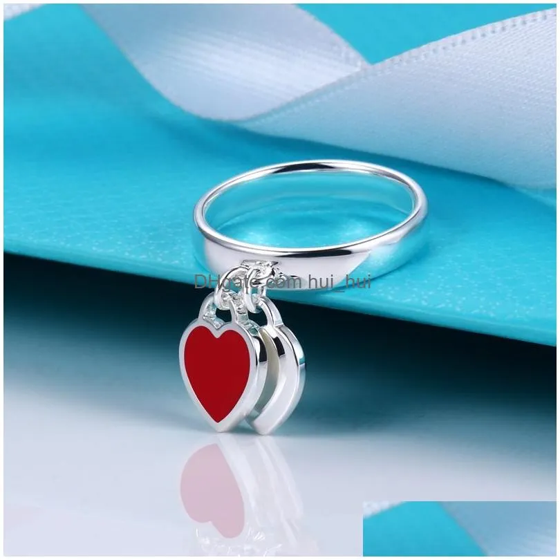 925 sterling silver classic luxury double hearts ring with blue pink red enamle heart womens party high fashion rings for women designer tiff jewelry gift with