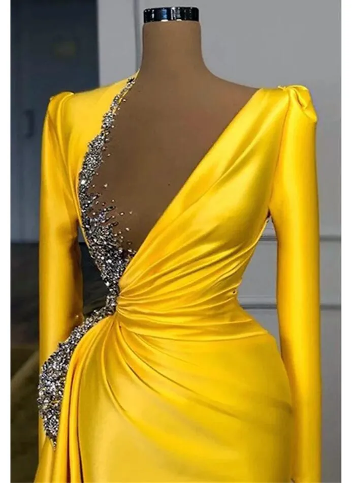 Yellow Long Sleeves Satin Beaded Mermaid Evening Dress Sexy Sheer Mesh Top Ruffles Sequins Evening Party Dress Pleats Vestidos De Fiesta 0314