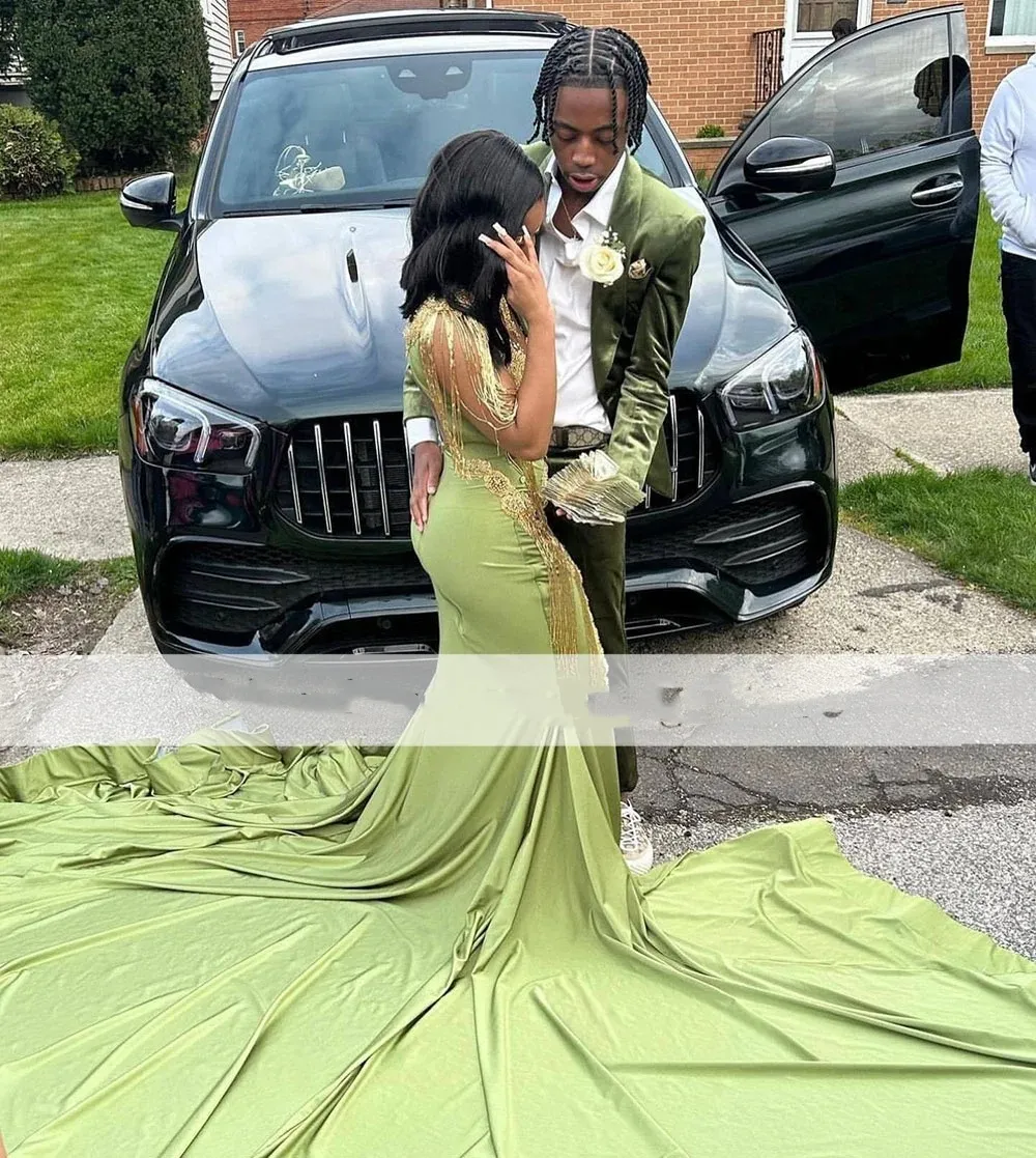 Sexy Olive Green Prom Dresses Mermaid Prom Dresses 2024 With Gold Lace Front Split Beaded Sheer Neck Vestidos De Graduacion Evening Occasion Gowns