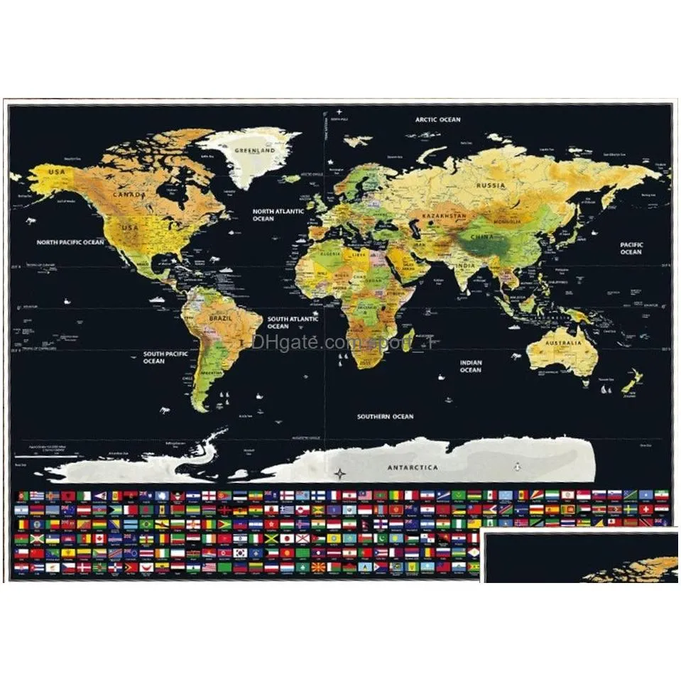 drop personalized world map scratch off travel maps poster - large deluxe scratch foil layer coating maps with national flag - gifts for