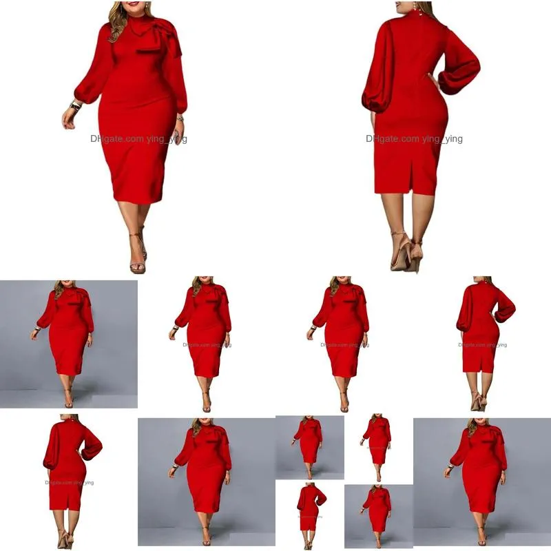 Plus Size Dresses Women Dress 2021 Autumn Elegant Bow Evening Birthday Party Red Long Sleeve Midi Wedding Prom 3Xl 4Xl 5Xl3435480 Dr Dhjzt