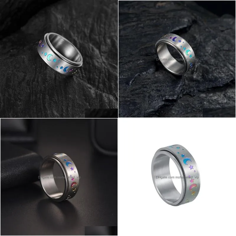 8mm rotate titanium steel ring spinner decompression ring relieve anxiety 8mm can be rotated colorful star moon rings band jewelry