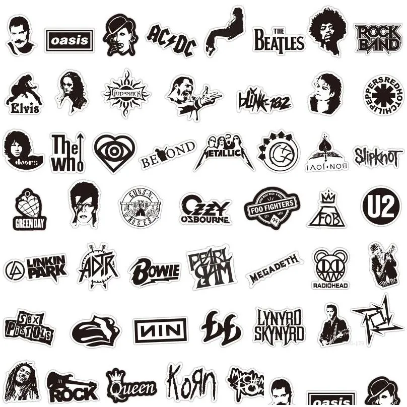 50pcs/lot black and white rock band stickers waterproof cool pegatina graffiti kids toy skateboard phone laptop luggage sticker decals