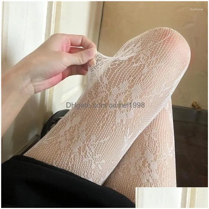 Socks & Hosiery Women Socks 1Pair White And Black Hollowed Out Lace Mesh Pantyhose Floral Rattan Bottomed Stockings Drop Delivery App Dhe5I