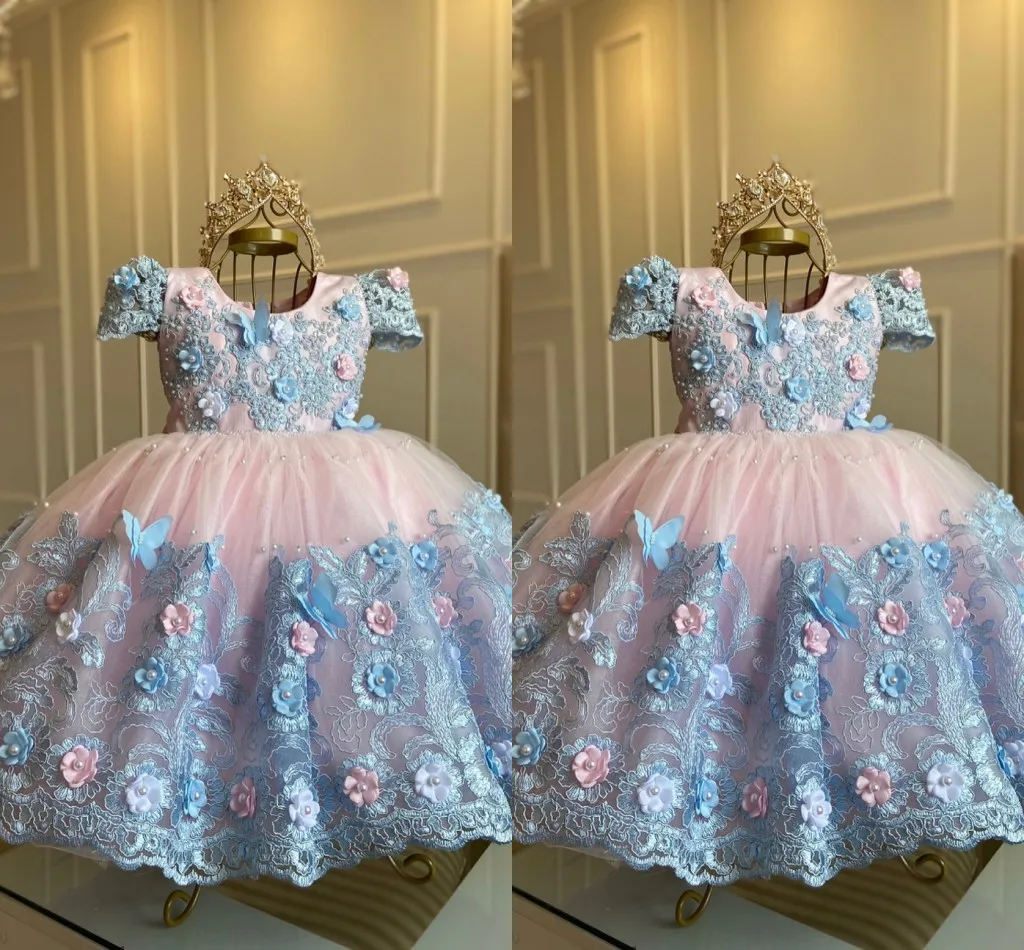 Princess Ball Gown Girls Pageant Dresses Jewel Neck Handmade 3D Flowers Butterflies Tiered Tulle Kids Prom Gowsn Birthday Party Flower Girl Dress Custom Made