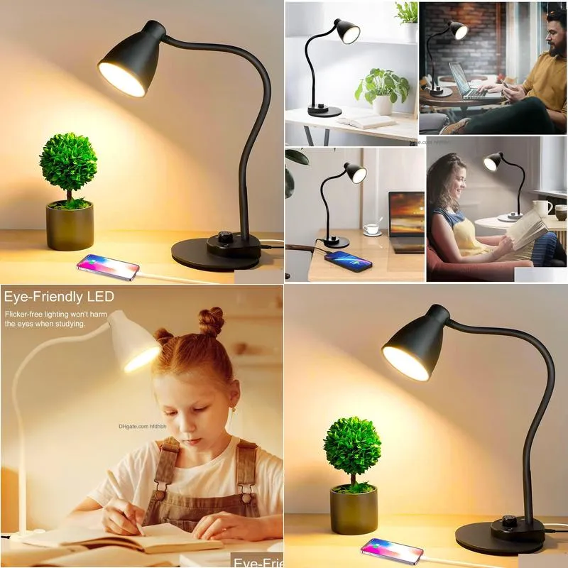 led desk lamp with usb charging port 3 color modes dimmable reading light intelligent