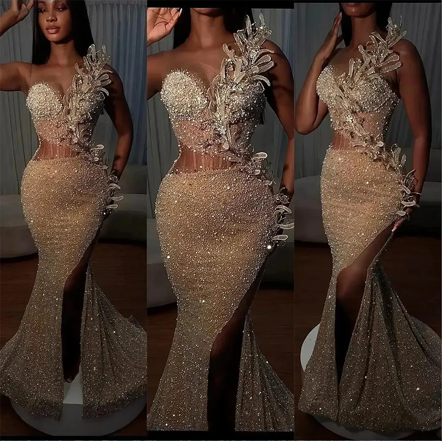 2024 Mermaid Prom Dresses Sparkly Sequins Illusion Bodice Beaded Applique High Split Custom Made Pleats Evening Gown Formal Occasion Wear Vestidos Plus Size