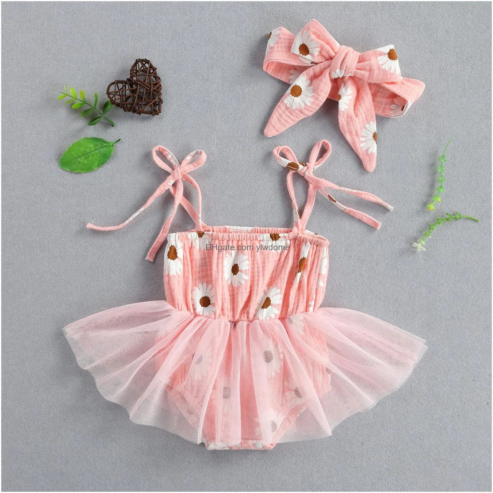 Rompers Summer Baby Clothes Born Girls Daisy Print Lace Sleeveless Strap Jumpsuits 2Pcs Outfit 018M 230525 Drop Delivery Dhxzo