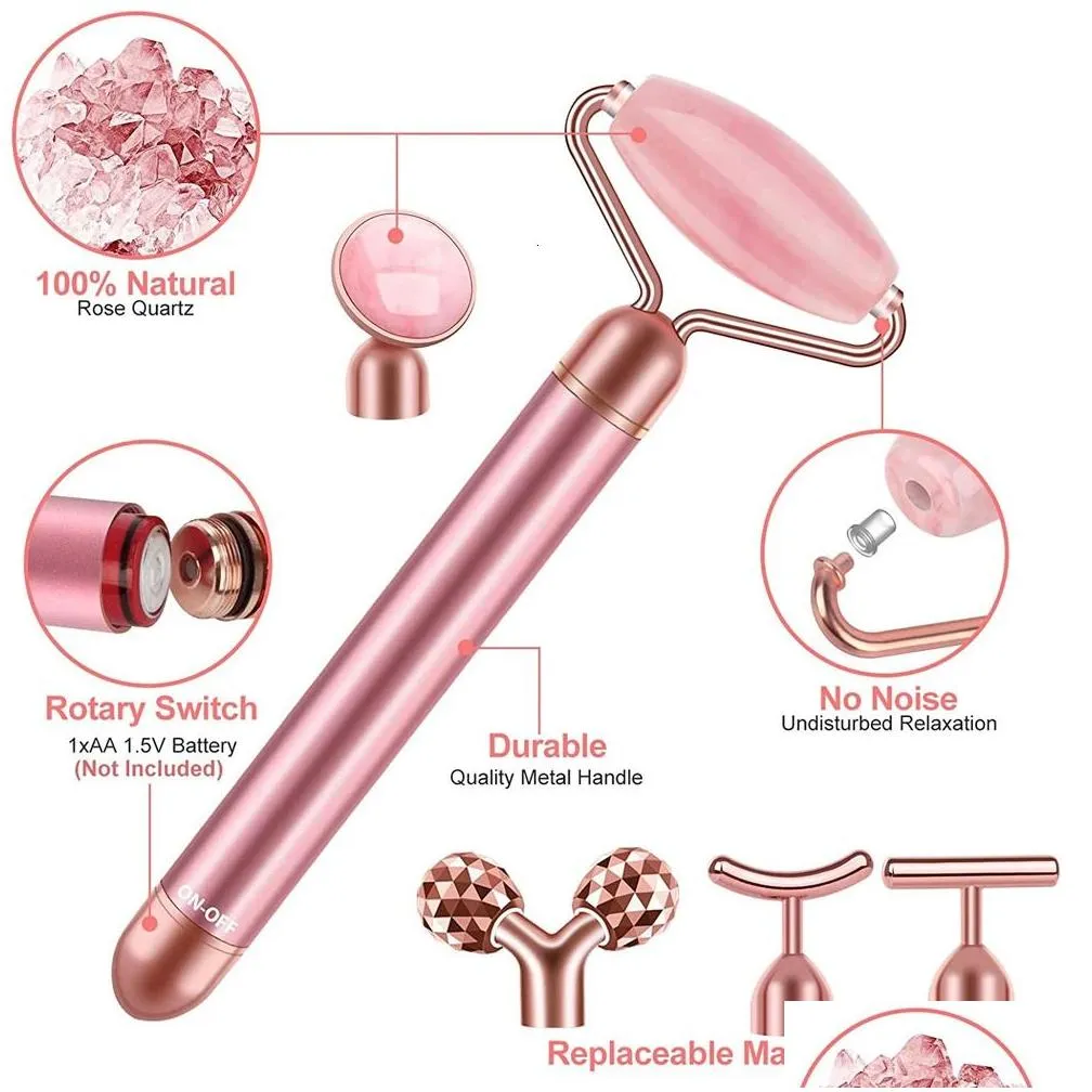 5in1 24k gold beauty wand face massager electric vibrating rose quartz 3d roller lifting body gua sha jade 240309