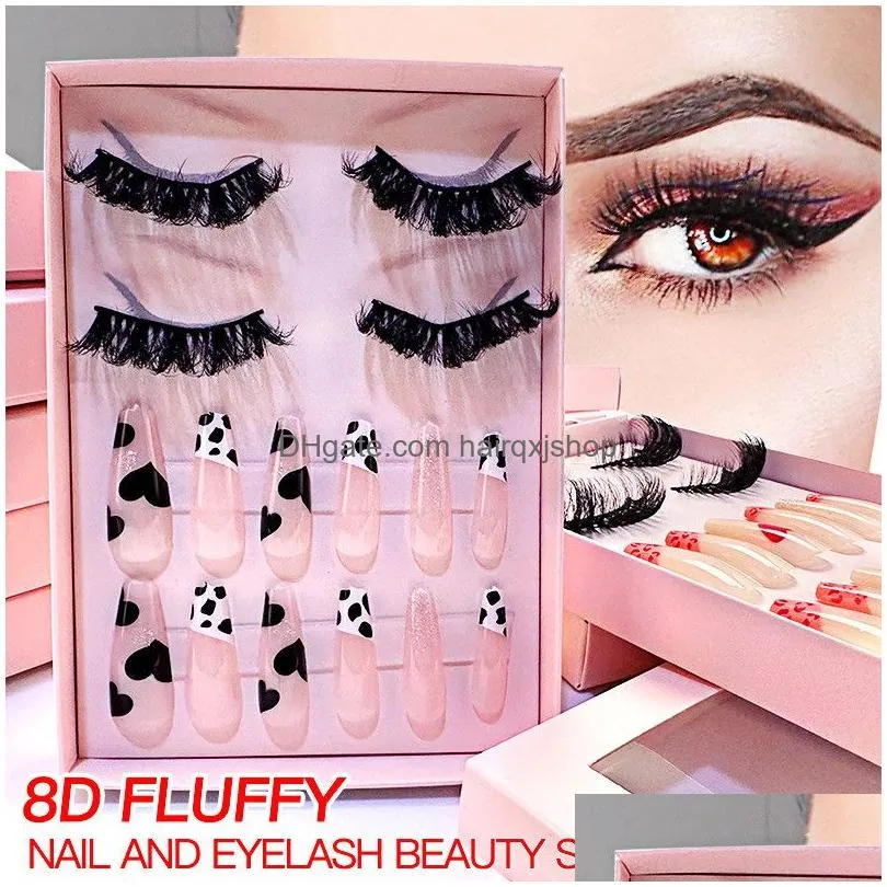 False Eyelashes Thick Eyelash Extension Finished Press On Nails Set 8D Reusable Fluffy Fl Strip Eyelashes Nail Beauty Lash Combination Dhhwz