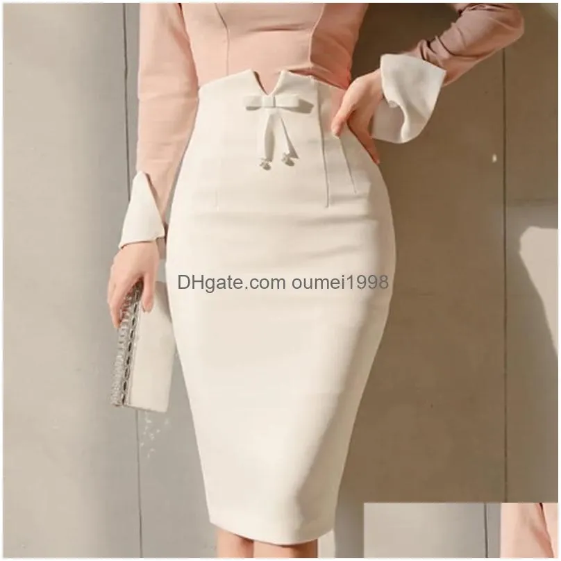 Skirts Plus Size Office Ladies High Waist Bow White Women Pencil Skirt Y Hip Package Femme Work Business Women13508199 Drop Delivery Dh6Sj