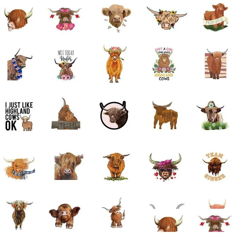 50pcs/lot cute and funny highland cattle sticker kyloe cow stickers graffiti kids toy skateboard phone laptop luggage sticker decals