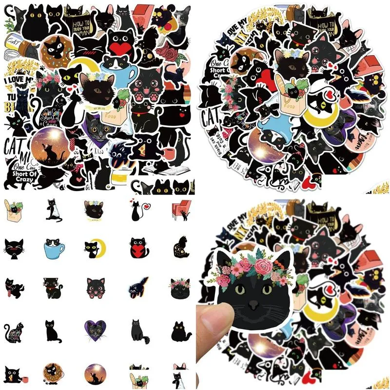 50pcs/lot cartoon creative cute black cat stickers bombay cat graffiti sticker for diy luggage laptop bicycle decals