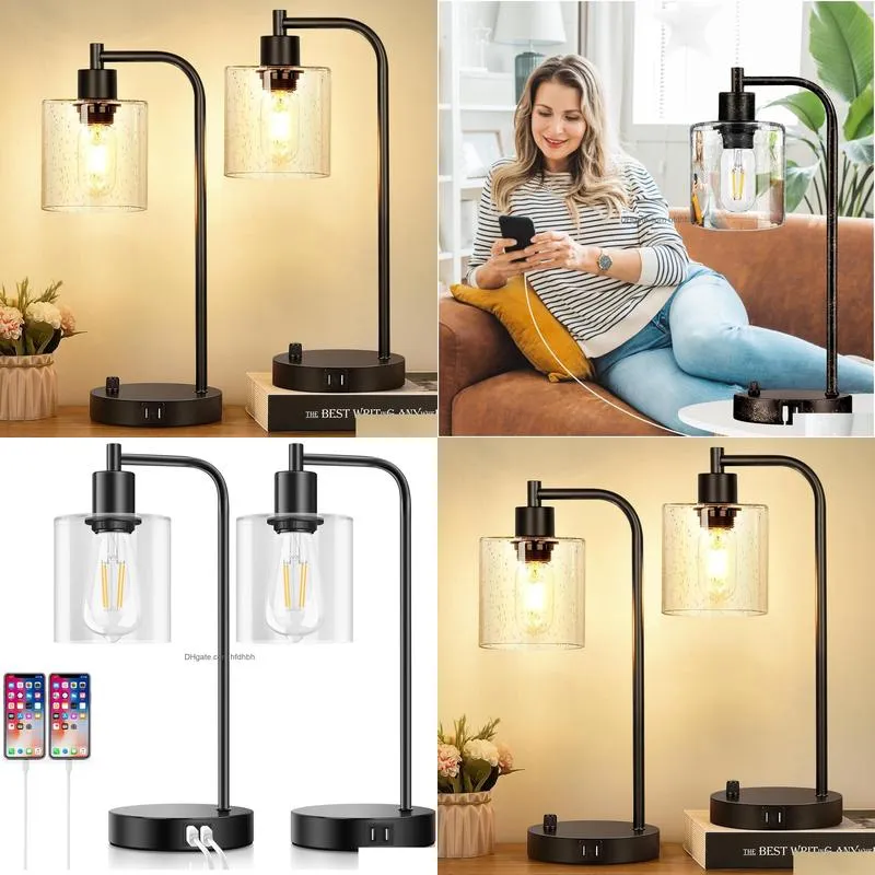 set of 2 industrial table lamps with 2 usb port fully stepless dimmable lamps for bedrooms