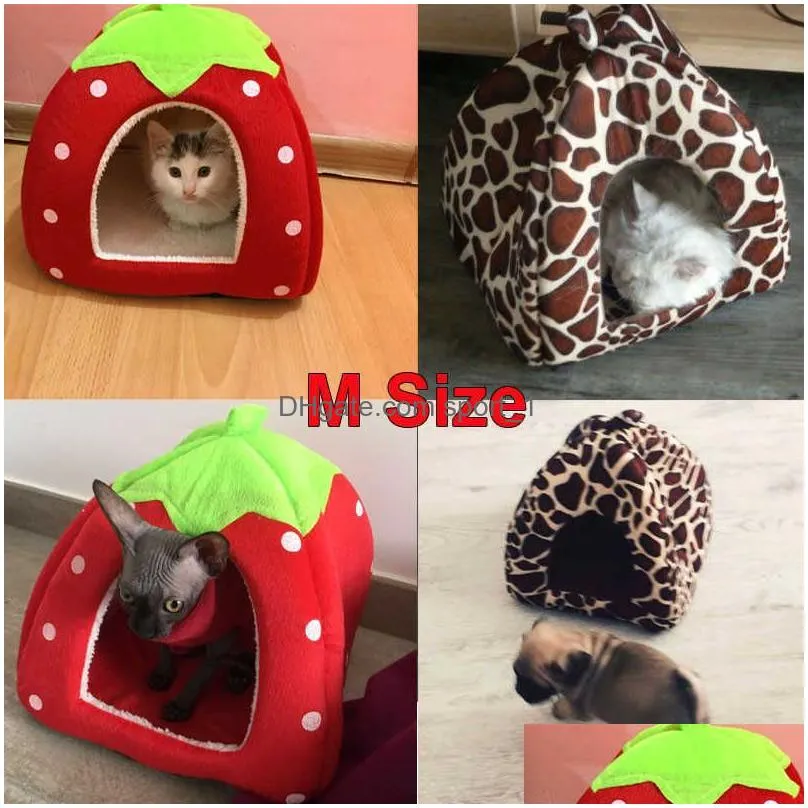 kennel foldable soft winter leopard dog bed strawberry cave dog house cute nest fleece cat housethe2577