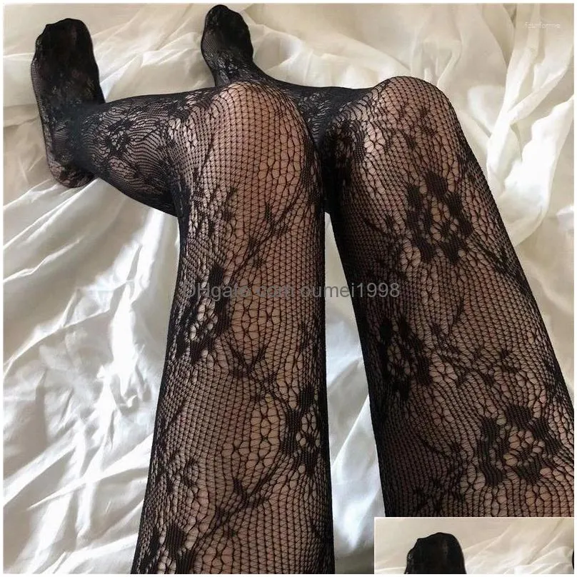 Socks & Hosiery Women Socks 1Pair White And Black Hollowed Out Lace Mesh Pantyhose Floral Rattan Bottomed Stockings Drop Delivery App Dhe5I