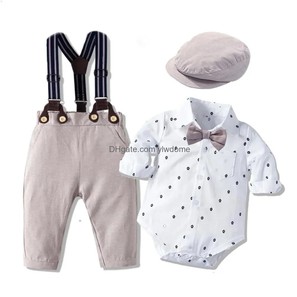 Clothing Sets Baby Suits Born Boy Clothes Romper Vest Hat Formal Clothing Outfit Party Bow Tie Children Toddler Birthday Dress 0 24 M Dhph0