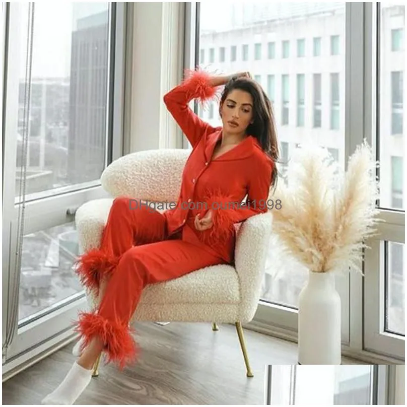 Women`S Two Piece Pants Women039S Two Piece Pants Womens Pajamas For Sleep Ladies Solid Color Suit Lapel Top And Feather Trousers Two Dh4Zl