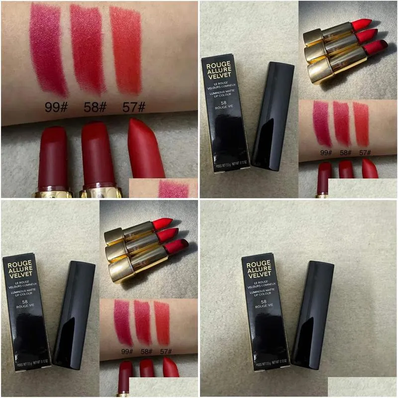 new arrival lipstick black pressed aluminum tube lipsticks girl lip cosmetics rouge allure velvet #57 #58 #99 3 color stock long lasting waterproof lip gloss