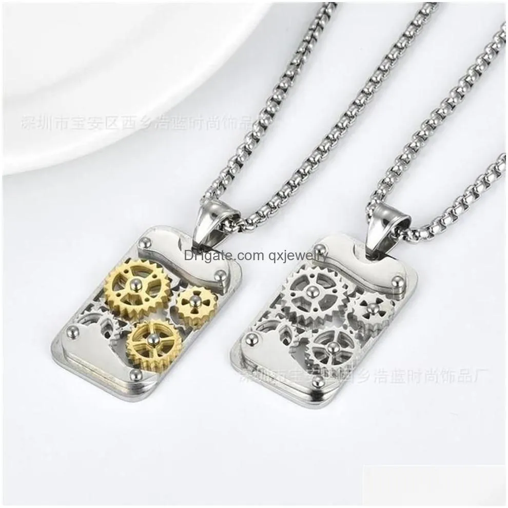 Pendant Necklaces Fashion Punk Rotatable Mechanical Gear Necklace Gold Color Stainless Steel Steampunk Cut Dog Tag Hiphop Men Jewe225 Dhixf