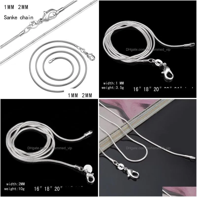 925 sterling silver snake chains choker necklaces jewelry in bulk optional size 16 18 20 22 24 26 28 30 inches 1mm 2mm
