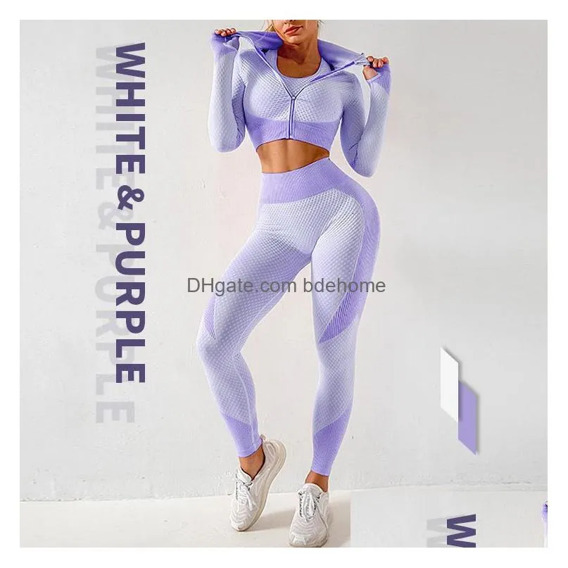 Yoga Outfits 2/3Pcs Seamless Women Set Workout Sportswear Gym Clothing Fitness Long Sleeve Crop Top High Waist Leggings Sports Drop D Dhxl6