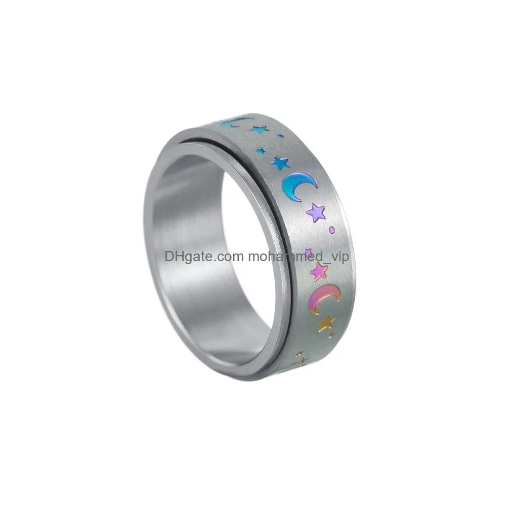 8mm rotate titanium steel ring spinner decompression ring relieve anxiety 8mm can be rotated colorful star moon rings band jewelry