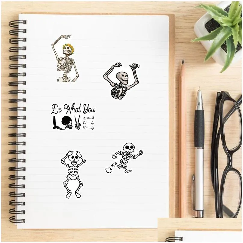 50pcs/lot funny cartoon skeleton stickers white skull sticker bone graffiti kids toy skateboard car motorcycle bicycle sticker decals