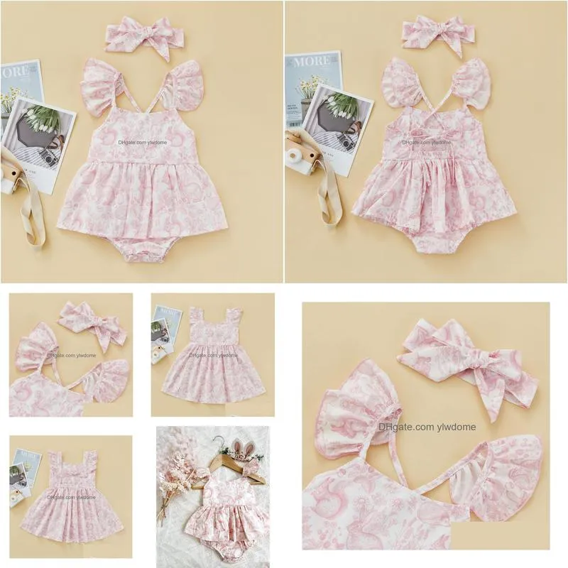 Rompers Baby Girl Rompergirl Dress Cartoon Rabbit Print Design Sleeveless Ruffle Hem Cute Jumpsuit Summer Outfit 230525 Drop Delivery Dh60V