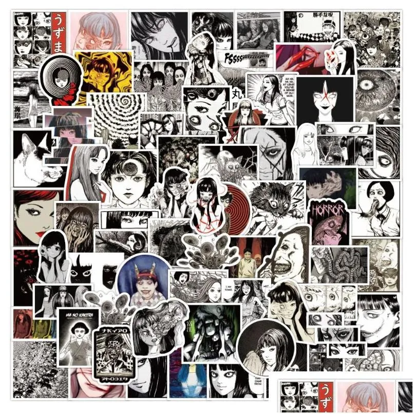 50pcs/lot japanese junji ito horror comics tomie sticker black white graffiti diy car styling waterproof car stickers for laptop skateboard