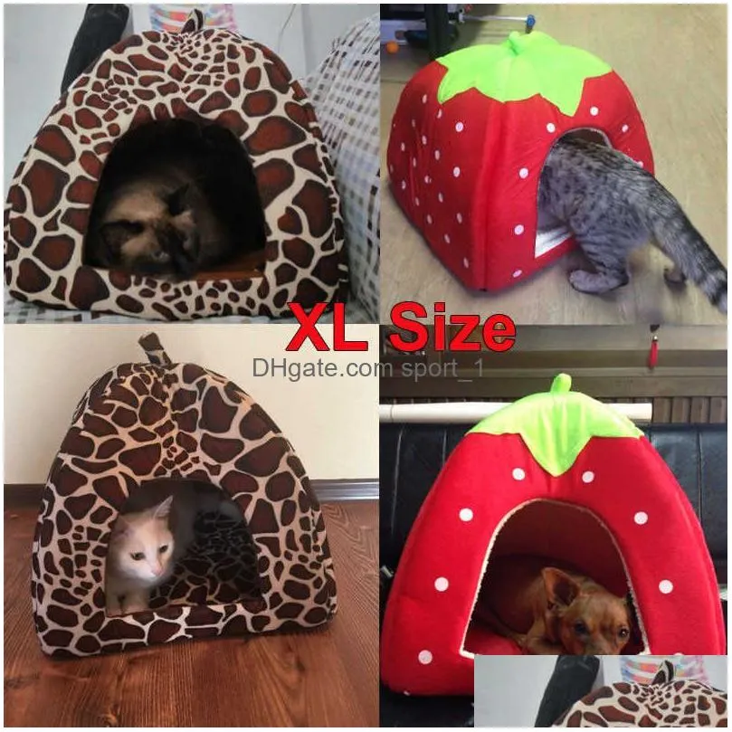kennel foldable soft winter leopard dog bed strawberry cave dog house cute nest fleece cat housethe2577