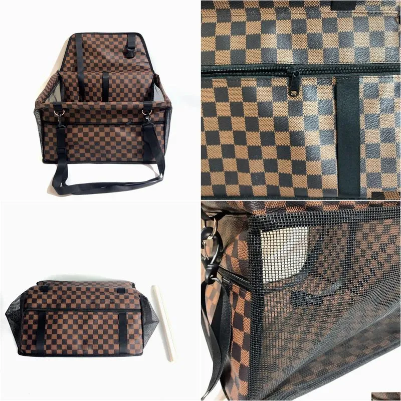 designer pet car bag brown black checkerboard dog car bag safety seat hanging bag mesh breathable cat bag for going out pet bag