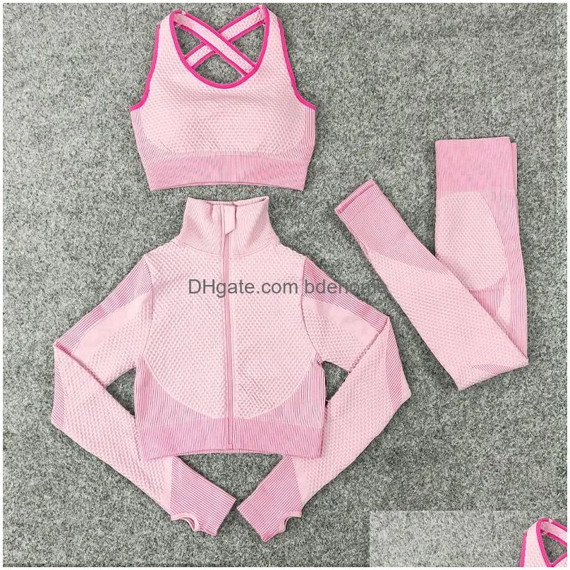 Yoga Outfits 2/3Pcs Seamless Women Set Workout Sportswear Gym Clothing Fitness Long Sleeve Crop Top High Waist Leggings Sports Drop D Dhxl6