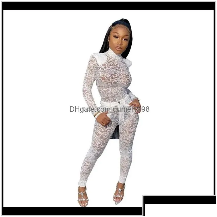 Two Piece Dress Apparel Women Y Lace Mesh Sheer Set Spring Clothes Top Pant Suit Club Party Night Birthday Outfits Matchi Drop Delive Dhpfy