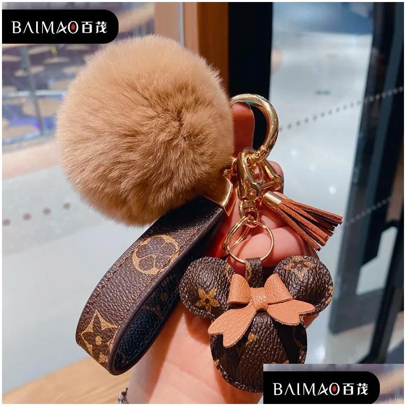 mouse design car keychain favor flower bag pendant charm jewelry keyring holder for men gift fashion pu leather animal key chain accessories pom