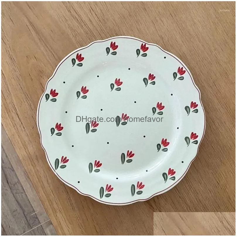 plates french retro red edge plate flower pattern ceramic platter breakfast fruit salad bread tray western dessert cake dish