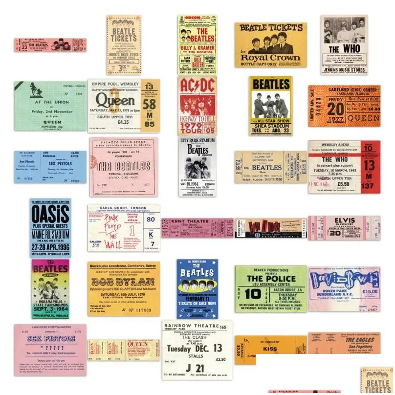55pcs/lot classic rock band vintage tickets graffiti sticker for laptop motorcycle skateboard luagage decal guitar stickers