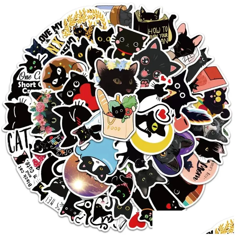50pcs/lot cartoon creative cute black cat stickers bombay cat graffiti sticker for diy luggage laptop bicycle decals