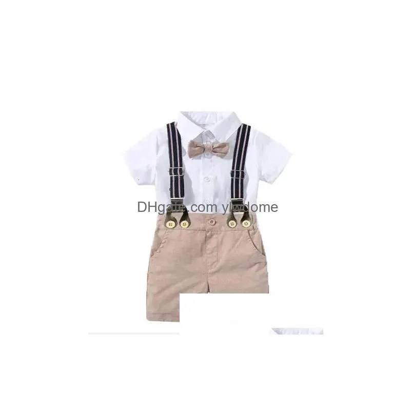 Clothing Sets Gentleman Toddler Boy Romper Suit Born Solid Cotton Jumpsuit Belt Bow Hat Set Baby Boys 1St Birthday Wedding Outfit Dro Dhfl2