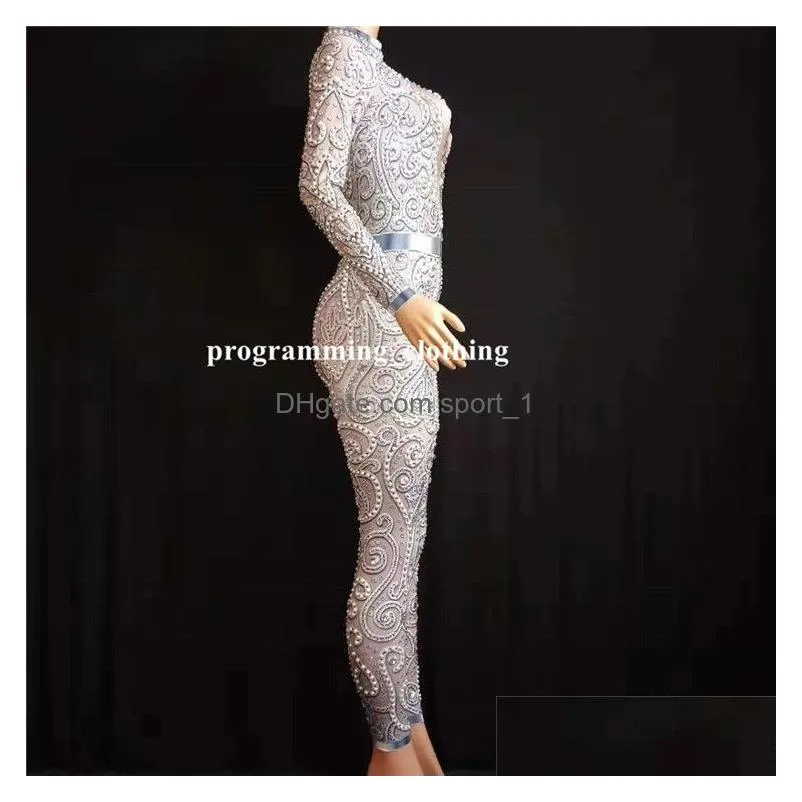Other Event Party Supplies E25 Women Pole Dance Wears Bodysuit Pearl Diamonds Jumpsuit Tight Outfits Disco Qerformance Costumes Sin Dhuie