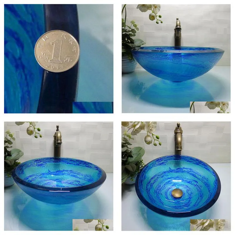 bathroom tempered glass sink handcraft counter top round basin wash basins cloakroom shampoo vessel bowl hx007