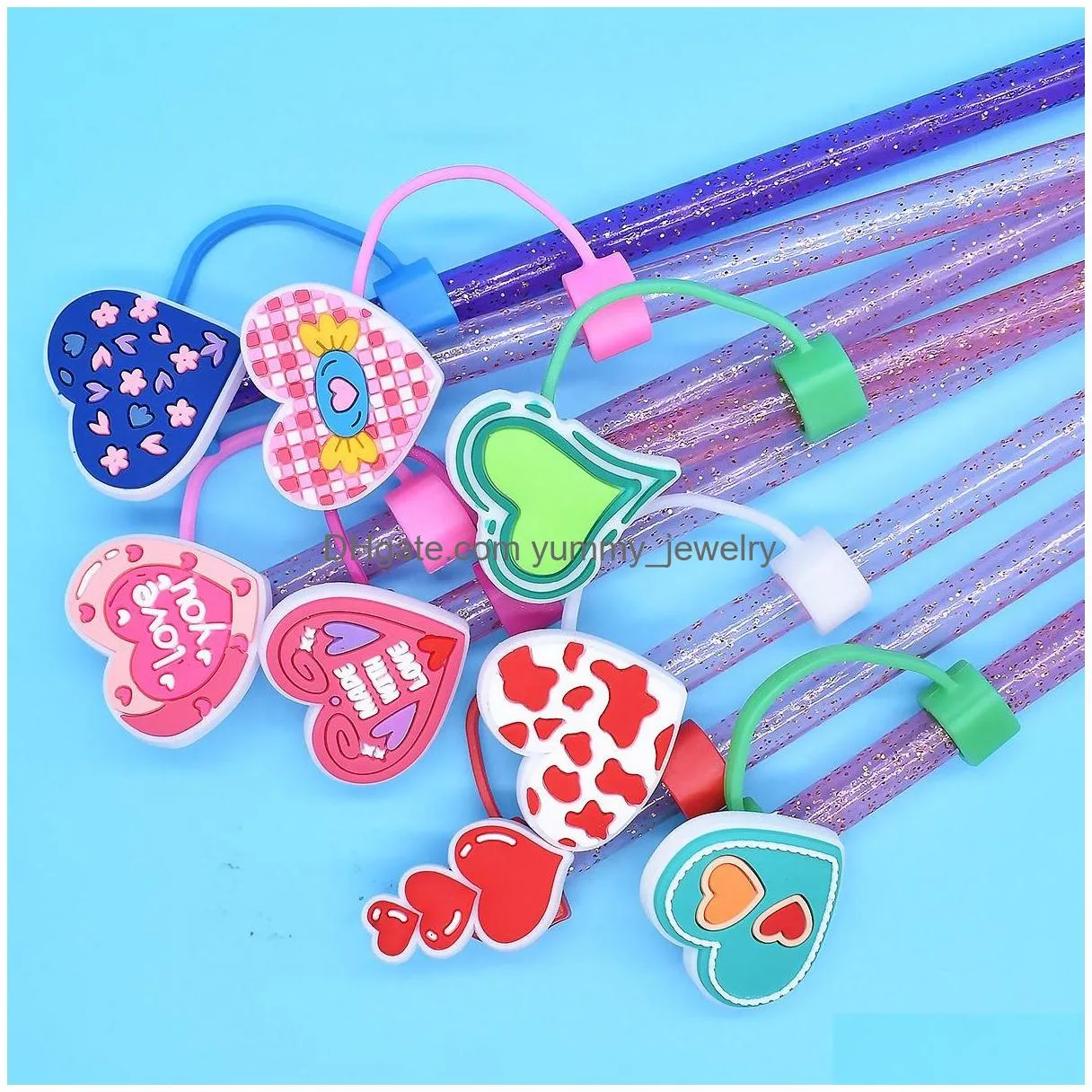 girls sweet love silicone straw toppers accessories cover charms reusable splash proof drinking dust plug decorative 8mm/10mm straw