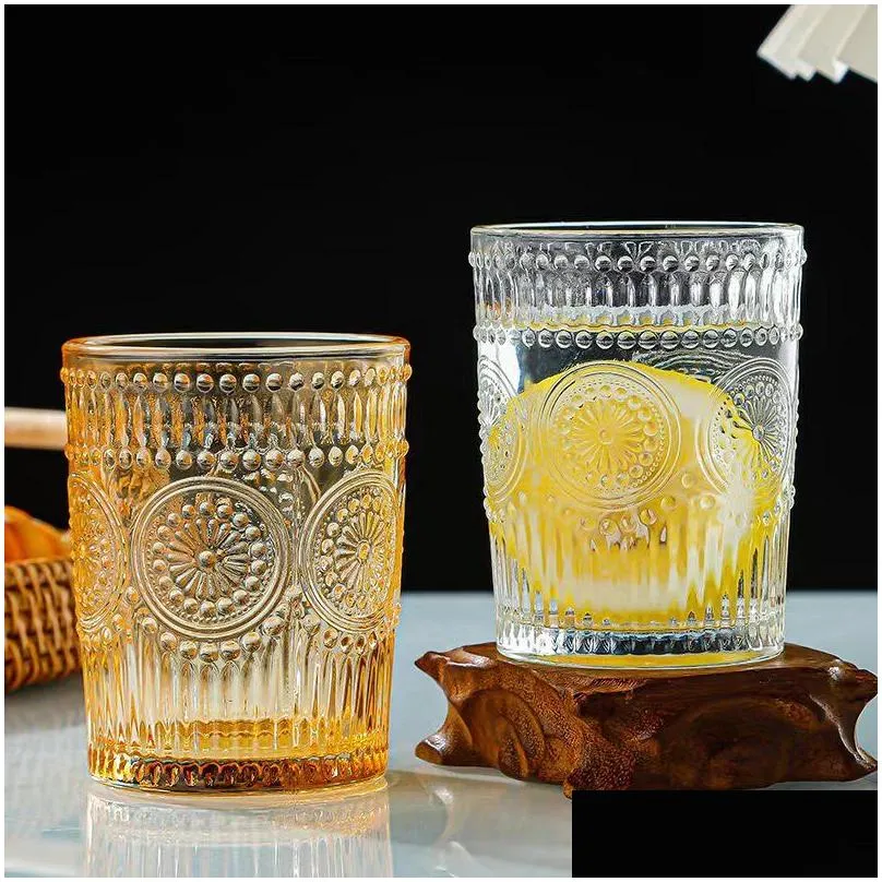 glass cup ins high value retro sun flower cup transparent large capacity milk tea drink water coffee cup