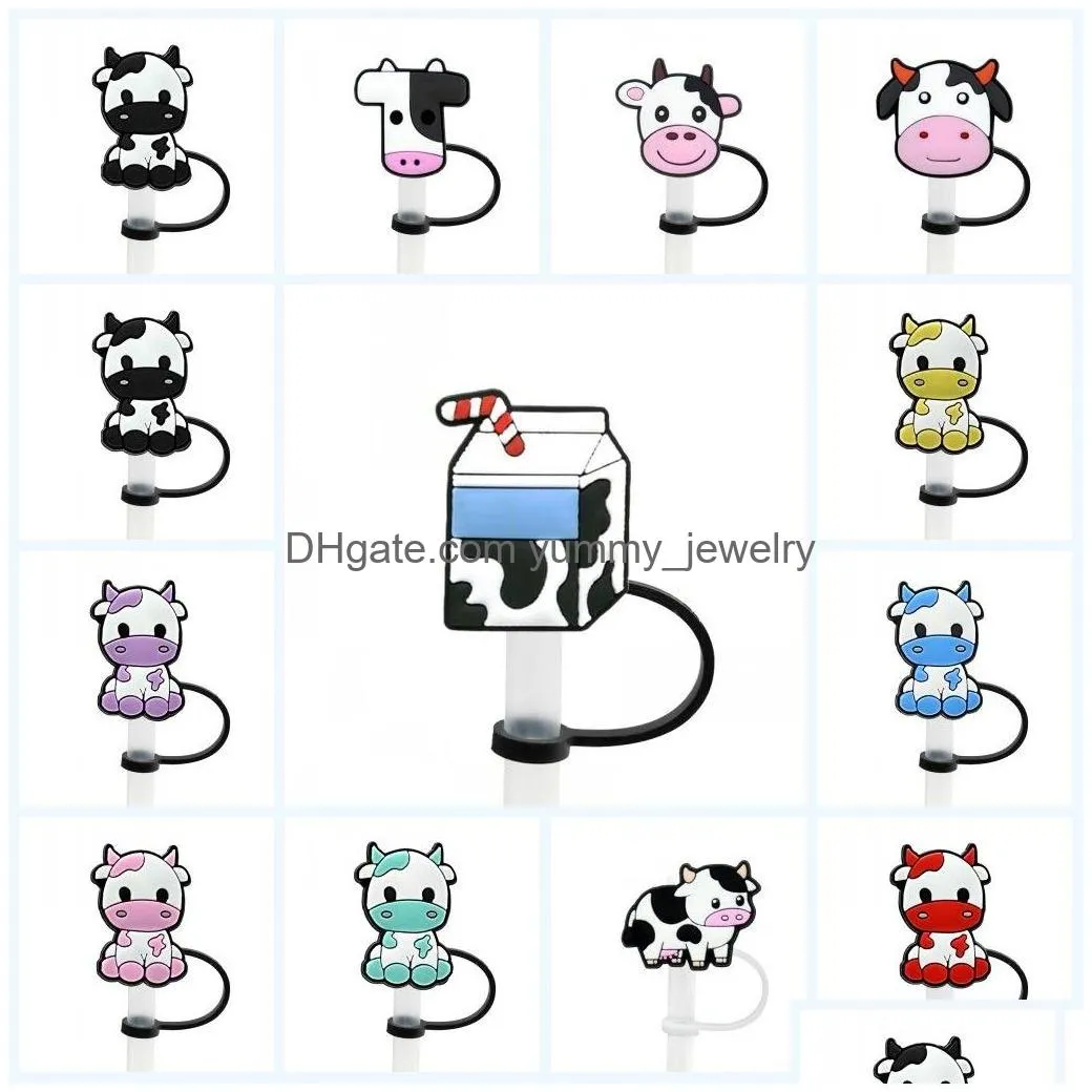 12colors girls cute animals milk cow silicone straw toppers accessories cover charms reusable splash proof drinking dust plug decorative 8mm straw