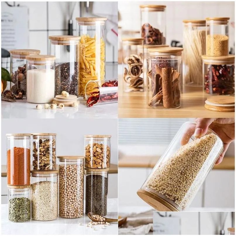 home kitchen mason organizer sealed glass storage jars with bamboo lid for food noodles coffee candy bean nut bottle container