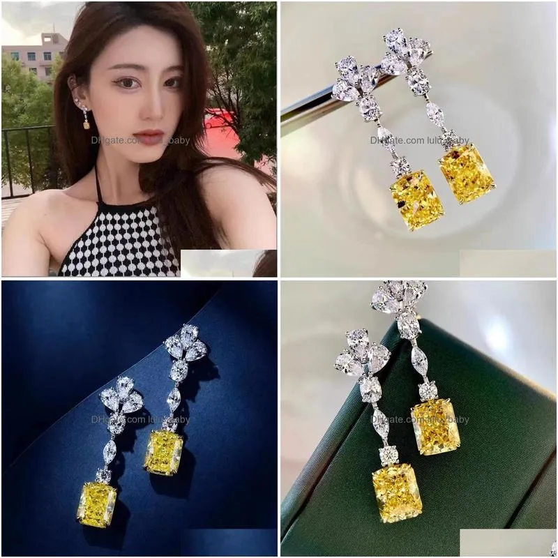 sweet cute dangle earring luxury jewelry 925 sterling silver radiant shape yellow topaz cz diamond gemstones ins top sell long chandelier women earrings